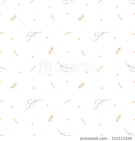Halloween pattern burning candles, branches stars dots. Hand-drawn watercolor illustrations in childish style. Seamless print isolated from background for textiles fabrics clothing wallpaper packaging 132511209