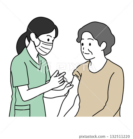 A medical illustration of a nurse vaccinating an elderly woman A medical illustration of a nurse vaccinating an elderly woman 132511220