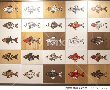 Sustainable material. Texture of ceramic tile with pattern of tropical fish in beige tones. Design mockup for interior. Decoration background. Sustainable material. Texture of ceramic tile with pattern of tropical fish in beige tones. Design mockup for interior. Decoration background. 132511227