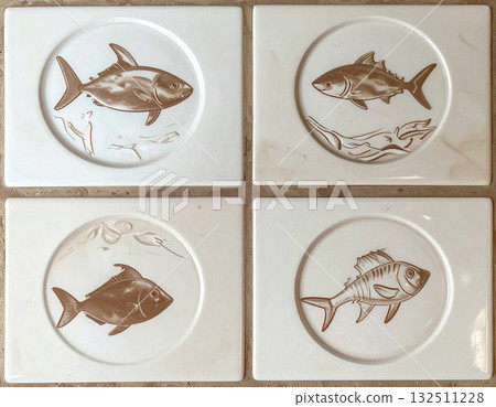 Ceramic tiles. Texture of ceramic tile with pattern of tropical fish in beige tones. Design mockup for interior. Decoration background. 132511228