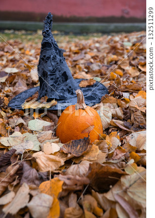 Black witch hat and orange pumpkin lie among fallen autumn leaves, symbolizing the essence of Halloween with warm seasonal colors 132511299