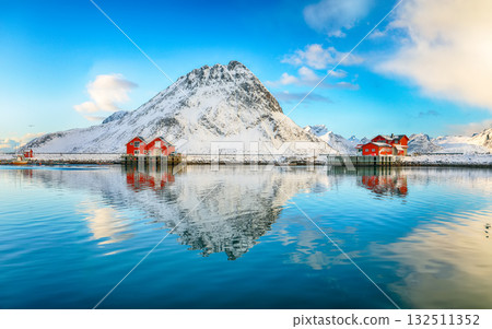 Astonishing morning view of small fishing village Ramberg at sunrise. Astonishing morning view of small fishing village Ramberg at sunrise. 132511352