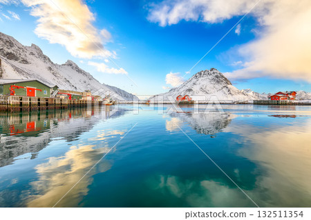 Amazing morning view of small fishing village Ramberg at sunrise. 132511354