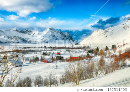 Amazing winter scenery over Bostad village and Torvdalshalsen lake seen from Torvdalshalsen. Amazing winter scenery over Bostad village and Torvdalshalsen lake seen from Torvdalshalsen. 132511403