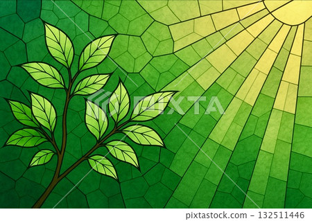 Fresh green leaves, environmental and eco-friendly image, stained glass style 132511446