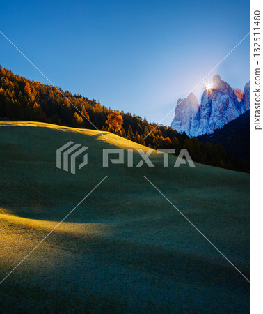 Morning in St. Magdalena village. Location Val di Funes, Dolomite alps, Italy, Europe. Morning in St. Magdalena village. Location Val di Funes, Dolomite alps, Italy, Europe. 132511480