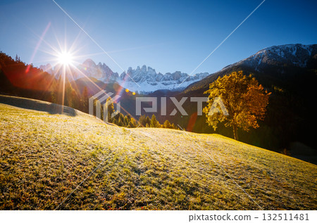 Morning in St. Magdalena village. Location Val di Funes, Dolomite alps, Italy, Europe. Morning in St. Magdalena village. Location Val di Funes, Dolomite alps, Italy, Europe. 132511481
