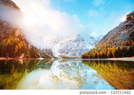 Autumn scenery of peaceful alpine lake Braies. Location Dolomiti Alps, Italy, Europe. Autumn scenery of peaceful alpine lake Braies. Location Dolomiti Alps, Italy, Europe. 132511482