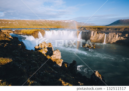 Attractive view of powerful Godafoss cascade. Location Skjalfandafljot river, Iceland, Europe. 132511517