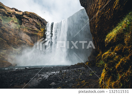 Amazing view of popular tourist attraction. Location Skogafoss waterfall, Iceland, Europe. 132511531