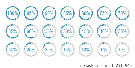 Percentage infographics simple elements. Round diagrams icons for infographics from 0 to 100 percent. Colour fill divided pie charts indicators in blue, grey. Mockup of circle graph loading progress. Percentage infographics simple elements. Round diagrams icons for infographics from 0 to 100 percent. Colour fill divided pie charts indicators in blue, grey. Mockup of circle graph loading progress. 132511946