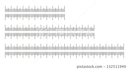 Metric ruler icons. Chart 10, 15, 20 centimeters. Set of scales for ruler in centimeters. Measuring tools. Metrics indicators cm. Measuring scale black templates. Length, height, distance, sewing tool 132511949