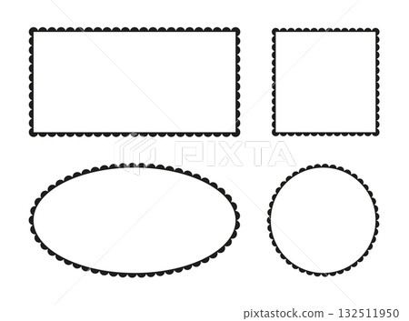 Scalloped frame icons. Scalloped edge square, rectangle, ellipse, circle shapes. Label forms mockups. Set of silhouette lace frame samples. Abstract elements patterns for tag, stickers, banner, badge. 132511950