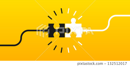 Connecting puzzle pieces on yellow background. Two puzzle pieces with cables coming together. Idea, solution, business, strategy concept. Vector illustration. Connecting puzzle pieces on yellow background. Two puzzle pieces with cables coming together. Idea, solution, business, strategy concept. Vector illustration. 132512017