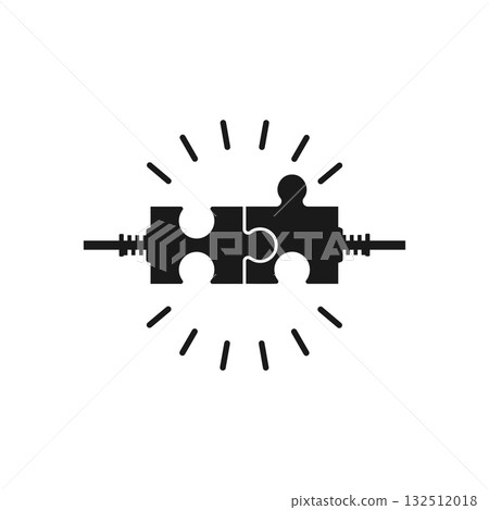 Connecting puzzle pieces on yellow background. Two puzzle pieces with cables coming together. Idea, solution, business, strategy concept. Vector illustration. Connecting puzzle pieces on yellow background. Two puzzle pieces with cables coming together. Idea, solution, business, strategy concept. Vector illustration. 132512018