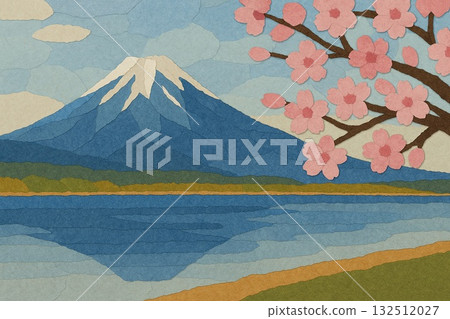 Mount Fuji, cherry blossoms, lake, collage style 132512027