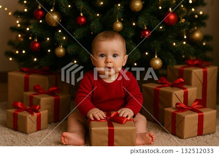 Little Child Sitting by Christmas Tree with Presents Little Child Sitting by Christmas Tree with Presents 132512033