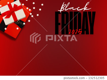 Modern Black Friday 2025 sale promotional banner with red background. Reduced price concept.Copy space Modern Black Friday 2025 sale promotional banner with red background. Reduced price concept.Copy space 132512305