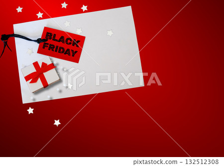 Horizontal Black Friday 2025 label in red background .Luxury Black Friday banner with gift box .Space for text. Horizontal Black Friday 2025 label in red background .Luxury Black Friday banner with gift box .Space for text. 132512308