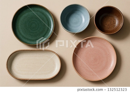 Modern Ceramic Tableware Collection on Neutral Background 132512323
