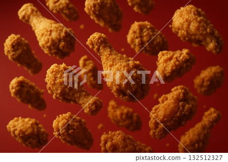 Crispy Fried Chicken Tossed in Air on Red Background Crispy Fried Chicken Tossed in Air on Red Background 132512327