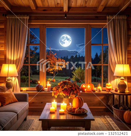 秋月滿月之夜，一間木製房間，點燃蠟燭和南瓜 132512421