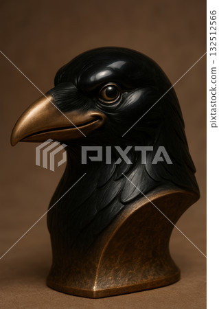 Black and bronze bird sculpture on brown background 132512566