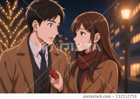 一男一女西裝革履,在路燈下送巧克力 一男一女西裝革履,在路燈下送巧克力 132512758