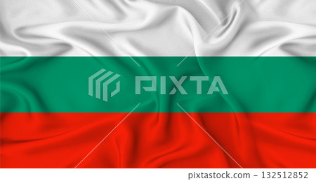 Realistic Bulgaria flag waving. Close up of flag of Bulgaria with cloth texture 132512852
