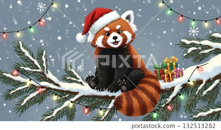 聖誕夜，雪地裡，一隻可愛的貓和她的小貓與雪人在一起。 132513282