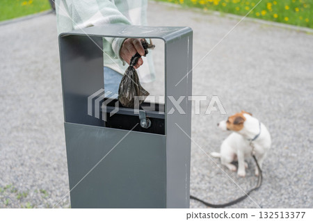 Responsible Dog Owner Disposing of Waste in Park Bin. Responsible Dog Owner Disposing of Waste in Park Bin. 132513377