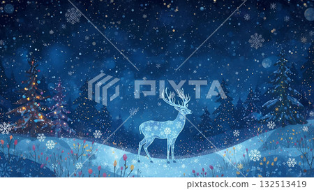 Fantasy illustration of a fantastic winter night sky and snowflakes reindeer. Snowy forest. Christmas background. 132513419