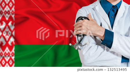 Doctor with stethoscope on Belarus flag. Doctor holding stethoscope on Belarus flag Doctor with stethoscope on Belarus flag. Doctor holding stethoscope on Belarus flag 132513495