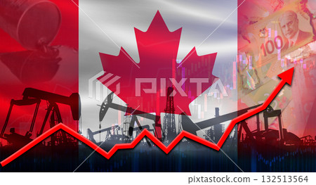 Oil production with Canada flag, petrol industry. Oil pumps with Canada flag on economic graph 132513564