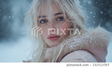 Beautiful blonde woman in brown winter coat smiling outdoors in snow 132513767