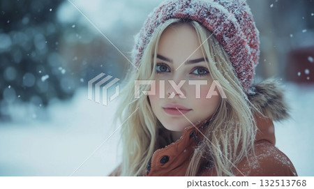 Blonde woman looking up and smiling while snow falls around 132513768