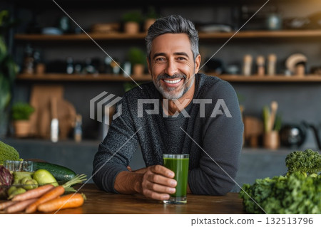 Handsome man relaxing with green smoothie at kitchen table 132513796