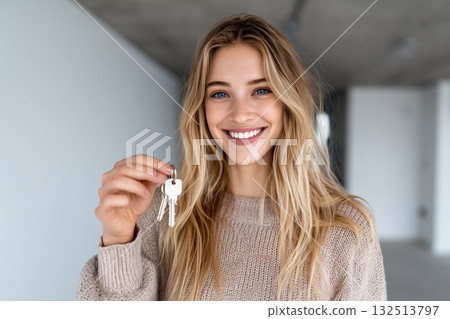 Happy woman holding new house keys and smiling 132513797