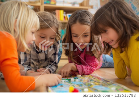 Happy children playing board game at daycare 132513798
