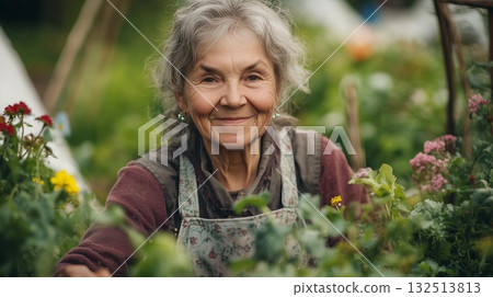 Elderly woman gardening with colorful flowers and joyful smile outdoors Elderly woman gardening with colorful flowers and joyful smile outdoors 132513813