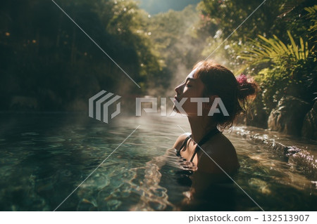 Woman sitting in steaming hot spring.Spa wellness outdoor concept.Relaxation, mindfulness in nature 132513907