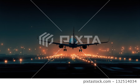 Airplane descends on illuminated runway during nighttime landing at airport 132514034