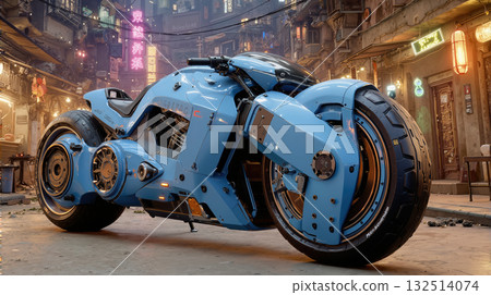 Advanced blue motorcycle in dystopian urban street at night, futuristic bike against neon signs 132514074
