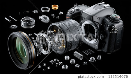 Detailed close-up of disassembled dslr camera with displayed internal components on black background highlighting lens and mechanism 132514076