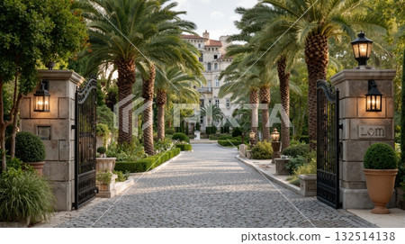 Luxurious mediterranean estate entrance with palm trees and wrought iron gates Luxurious mediterranean estate entrance with palm trees and wrought iron gates 132514138