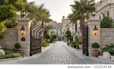 Majestic mediterranean-style mansion entrance with wrought iron gates and lush gardens at sunset 132514139