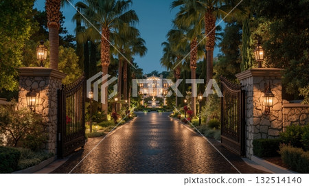 Luxurious mediterranean villa entrance with lush gardens and palm trees at dusk 132514140
