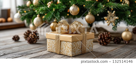Elegant gift box with gold ribbon under decorated christmas tree Elegant gift box with gold ribbon under decorated christmas tree 132514146