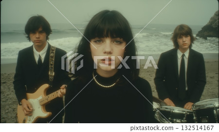 Young musicians performing music on beach with girl singer, vintage view in 80s or 90s style Young musicians performing music on beach with girl singer, vintage view in 80s or 90s style 132514167