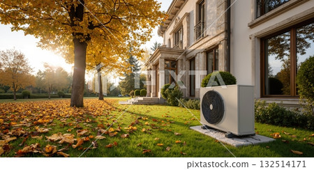 Eco-friendly heat pump on lawn of elegant house in autumn morning light with golden leaves Eco-friendly heat pump on lawn of elegant house in autumn morning light with golden leaves 132514171